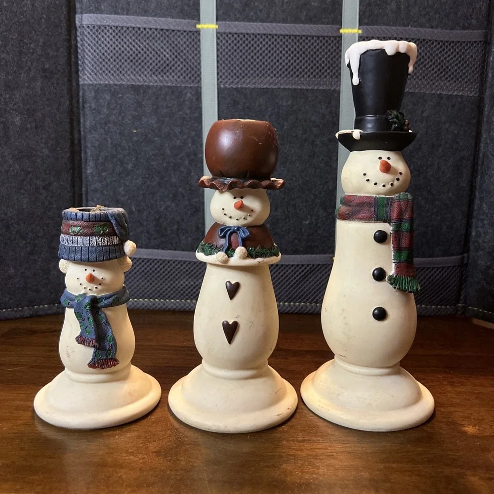 Vintage Snowman 3 Trio Christmas Holiday Candle Stick Holders‎